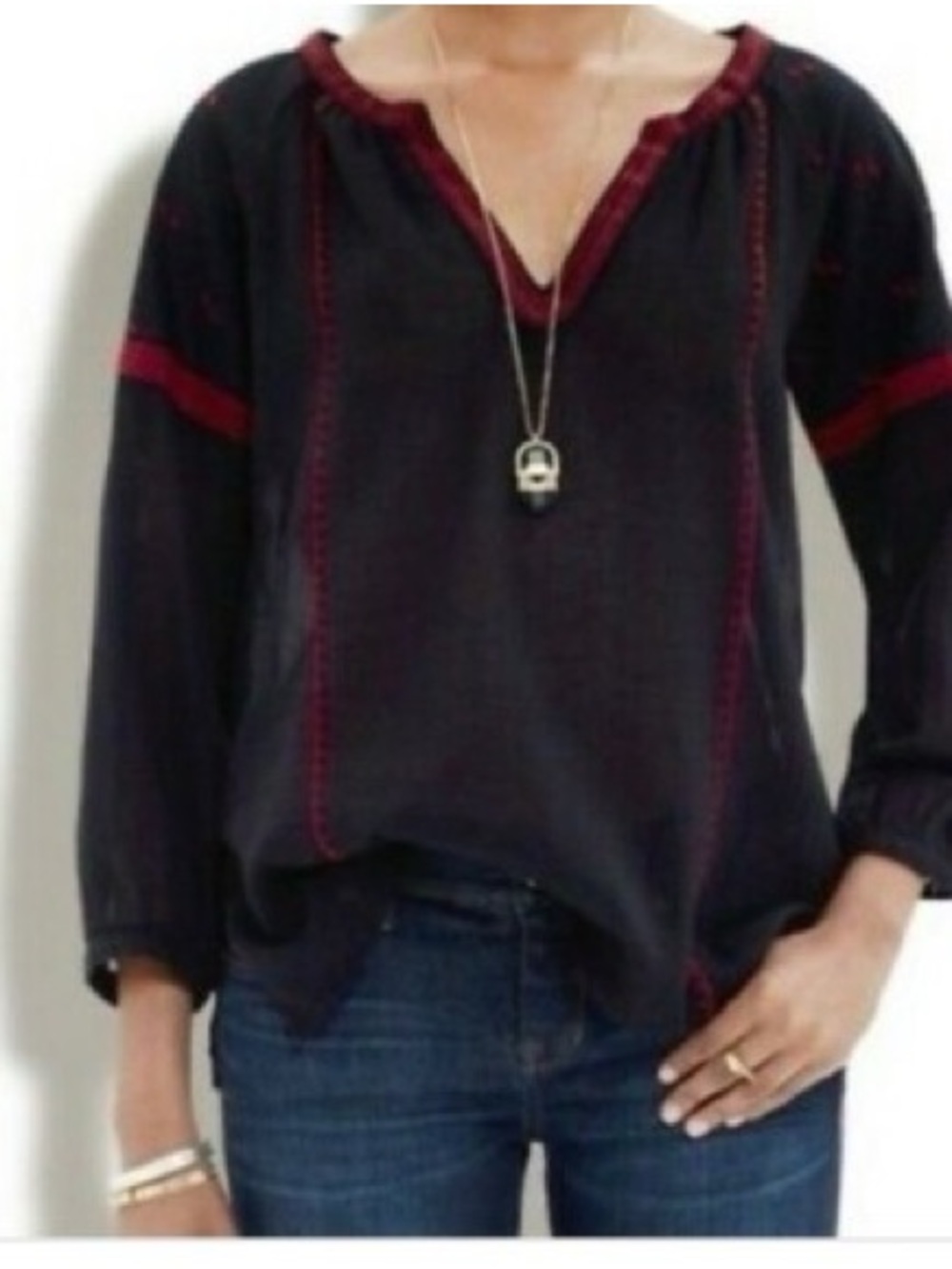 MADEWELL Black & Burgundy V-Neck Peasant Top